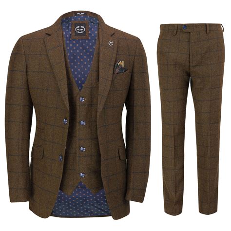 Mens Classic Tweed 3 Piece Suit Tan Brown Herringbone Check Retro Peaky