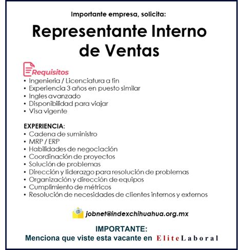 Vacante Representante Interno De Ventas Elitelaboral