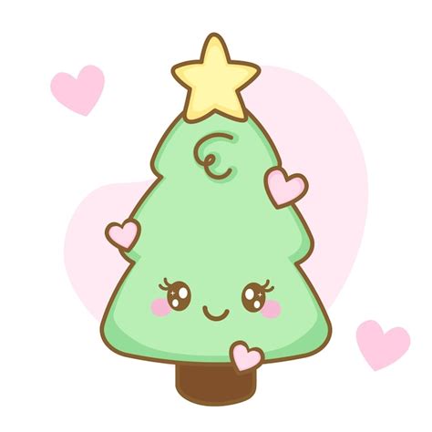 Premium Vector Cute Design Of Happy Kawaii Christmas Tree With Hearts