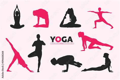 Yoga Poses Woman Silhouette Set Isolated Light Pink Background All