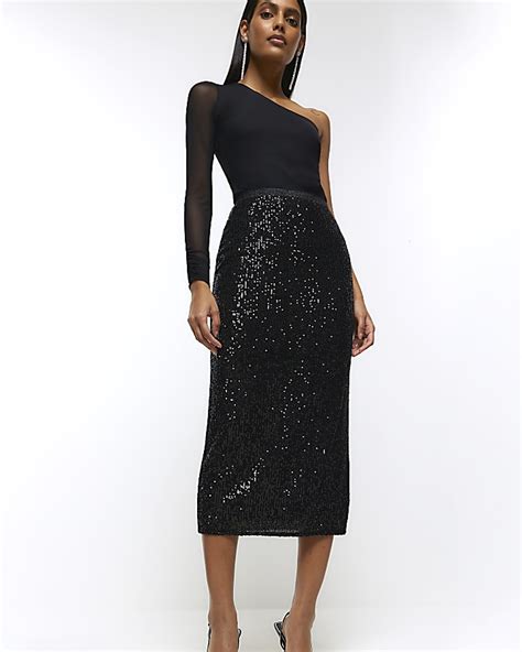 Black Sequin Midi Skirt River Island