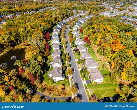 American Suburb View From Above Autumn Landscape With Colorful Trees