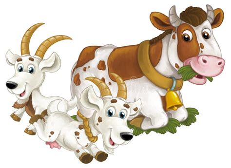 Cartoon Scene With Happy Farm Animals Cow And Two Goats Having Fun