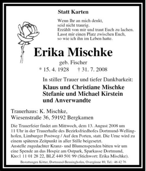 Trauer Und Todesanzeigen Von Erika Mischke Trauer De