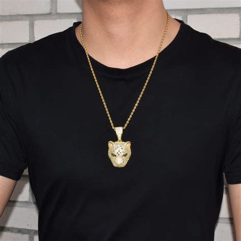 Animal Leopard head Pendant Necklaces Gold Color Bling Cubic Zircon Men ...