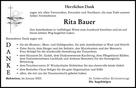 Traueranzeigen Von Rita Bauer Augsburger Allgemeine Zeitung