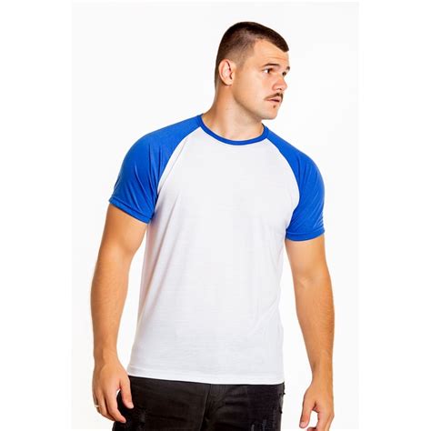 Camiseta Raglan Branca Manga Azul Royal Poli Ster Shopee Brasil