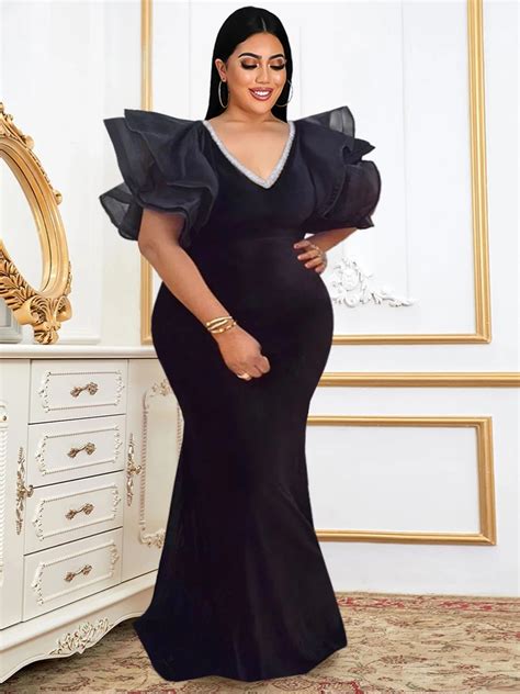 Plus Size Black Velvet Long Dress Sexy V Neck Glitter Ruffle Sleeve