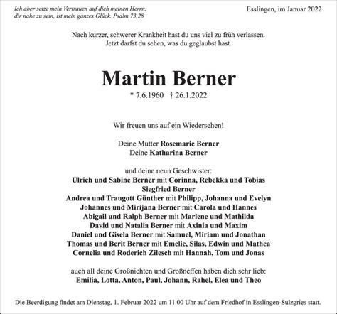 Traueranzeigen Von Martin Berner Zeit Des Gedenkens De