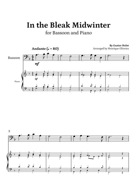 In The Bleak Midwinter Bassoon And Piano Beginner Level Arr