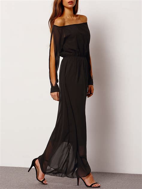 Black Off The Shoulder Split Sleeve Maxi Dress Shein Sheinside