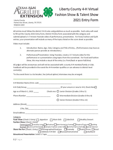 Fillable Online Liberty Agrilife 2021 County Entry Form Talent Show Pdf