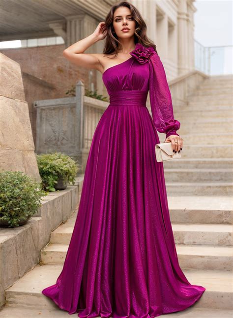 A Line One Shoulder Long Sleeves Sweep Train Evening Dresses Missacc