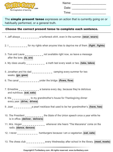 Read Sentences And Choose Correct Present Tense Verb Turtle Diary