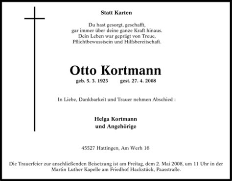 Traueranzeigen Von Otto Kortmann Trauer In Nrw De