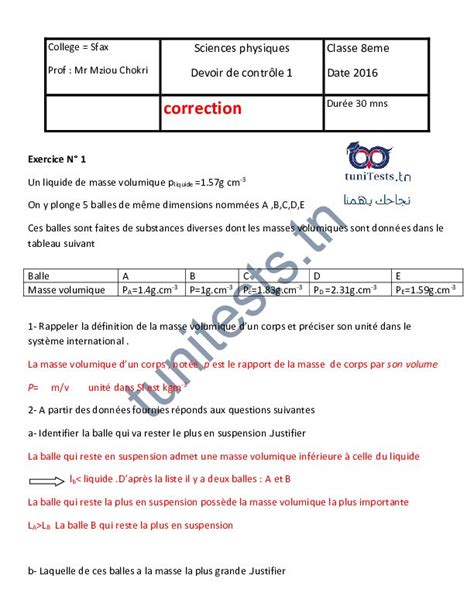 tunitests TN Devoirs Physique 8ème année de base Sciences physiques