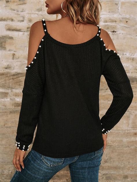 Shein Lune Cold Shoulder Pearls Beaded Tee Shein Usa