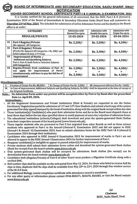 Bise Swat Intermediate Exam Date 2024 Admission Fee Structure