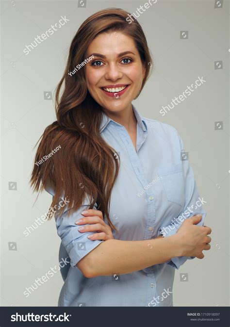 Smiling Woman Long Hair Wearing Blue Foto Stock 1710918097 Shutterstock