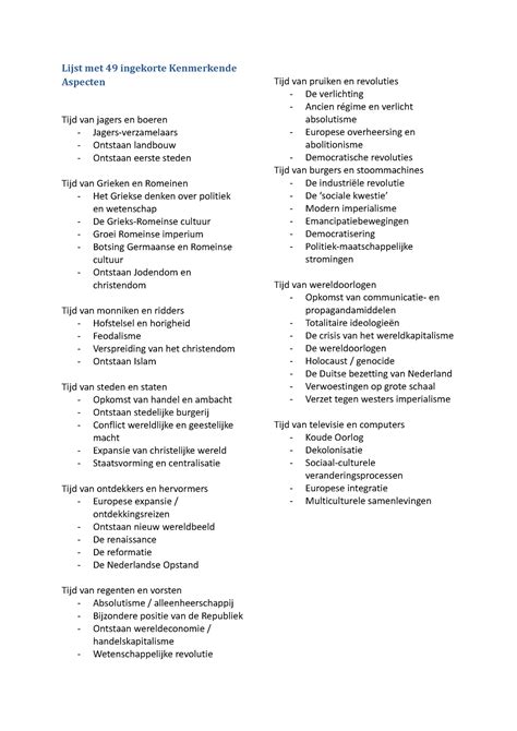 Lijst Met Ingekorte Kenmerkende Aspecten Studeersnel