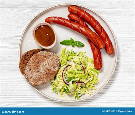 Sausages With Coleslaw Salad Bbq Sauce On Plate Stock Image Image Of Dinner Horizontal