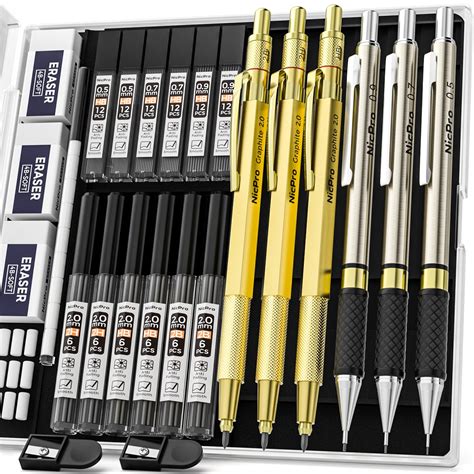 Nicpro 6pcs Mechanical Pencil Set 0 5 0 7 0 9 2mm Gold Graphite