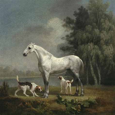 A Dapple Grey Hunter With Two Foxhounds Beside A Lake Painting By