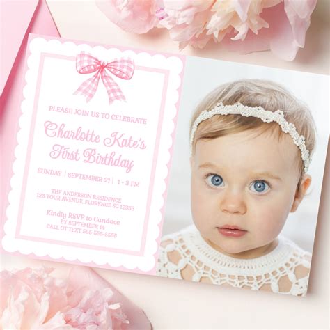 Pink Birthday Invitation With Picture Invitation Template 1st Birthday Invite Classic Pink ...