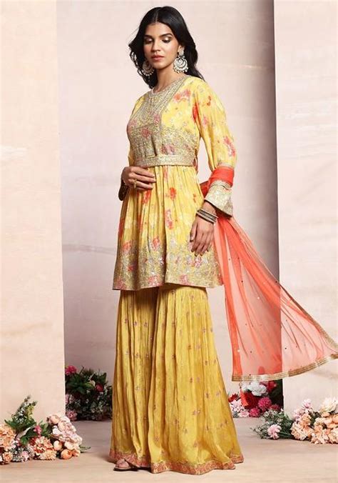 Buy Women Mustard Sequin Zari Embroidered Sharara And Kurta Set With