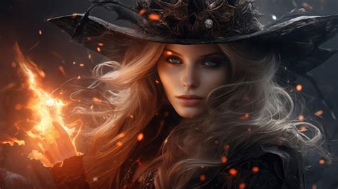 Premium Photo Portrait Of A Fire Witch In A Hat Ai Generated