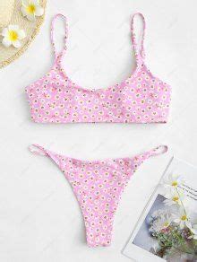 Zaful Ditsy Floral Low Rise String Bikini Swimwear In Light Pink Zaful