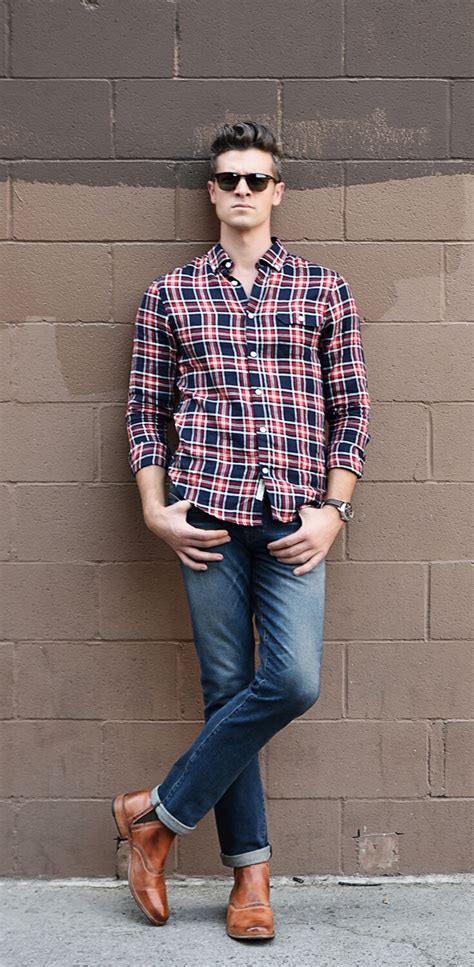 Mens Fashion Button Down Plaid Shirt With Medium Washed Rolled Denim