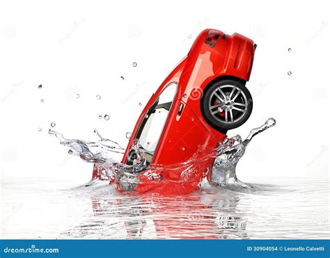 Red Generic Sedan Car Falling Into Water Splashing Stock Images