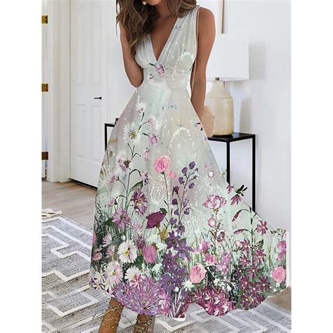 Women S Casual Dress Swing Dress Floral Butterfly Print V Neck Maxi