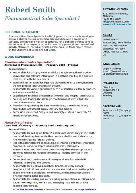 Pharmaceutical Sales Specialist Resume Samples Qwikresume