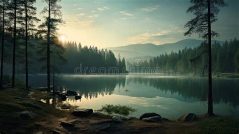 Dreamy Mountain Lake Serene Hinterland Seen Through Pine Trees Stock