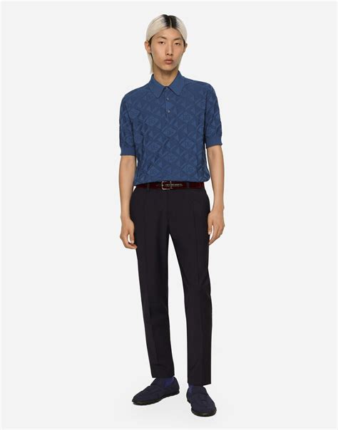 Short Sleeved 3d Silk Jacquard Polo Shirt In Azure For Dolceandgabbana® Us