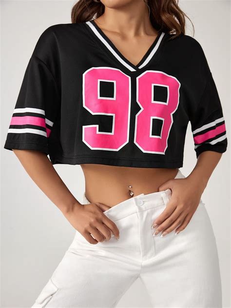 Shein Coolane Camiseta B Isbol Crop Con Estampado De N Mero Ribete De