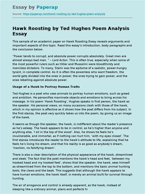 Hawk Roosting by Ted Hughes Poem Analysis Summary Essay Example