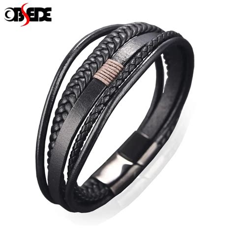 OBSEDE Men Punk Jewelry Braided Leather Bracelet Stainless Steel