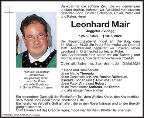 Traueranzeigen Von Leonhard Mair Trauer Bz