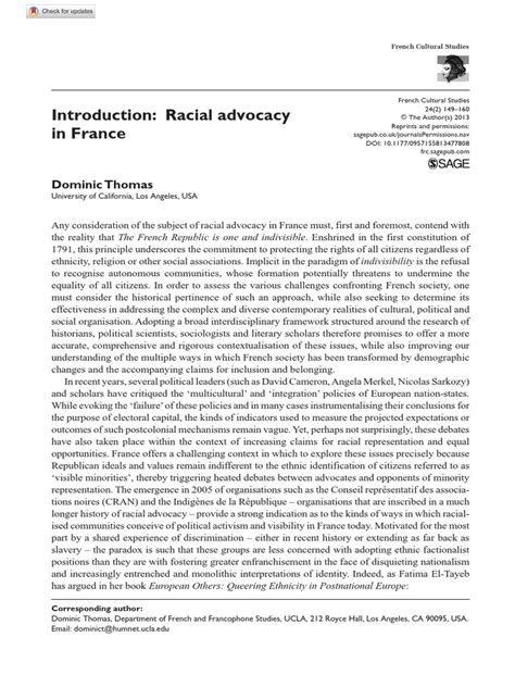 2013 Dominic Thomas Racial Advocacy In France Pdf France