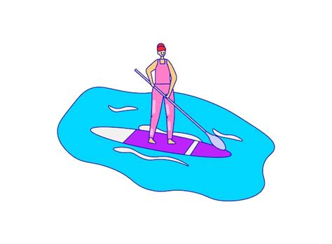 Premium Vector Man Paddleboarding On Calm Blue Water With A Paddle In