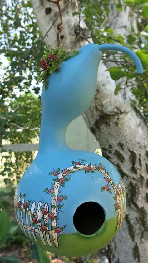 Gourd Birdhouse Painted With Arbor White Picket Fence And Etsy