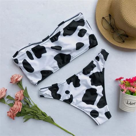 Swimwear Sexy Strapless Bikini Set Cow Printing Swimsuit Summer Bandeau