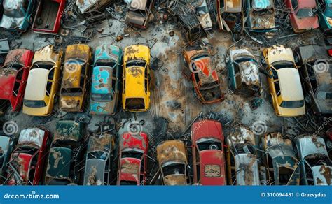 Aerial View Of A Car Junkyard Old Cars Waiting To Be Shredded In A