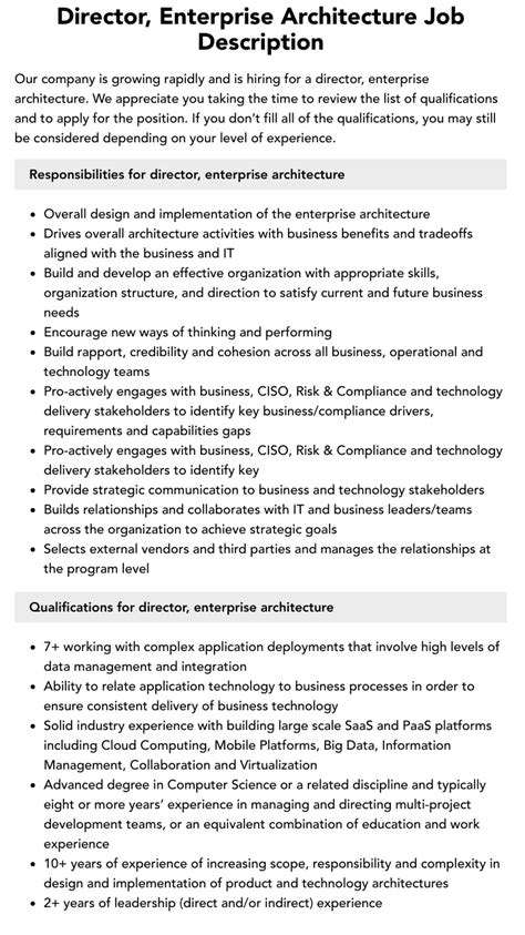 Director Enterprise Architecture Job Description Velvet Jobs