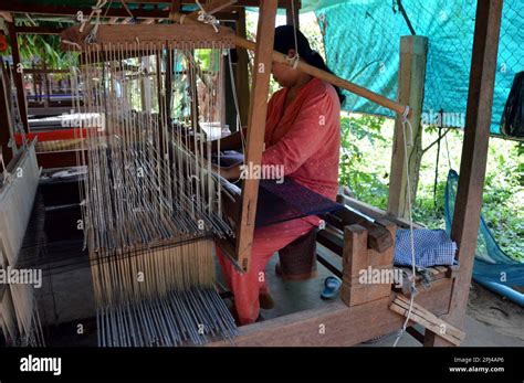 Cambodia Phnom Penh Silk Weaving On A Wooden Loom In Koh Oknha Tey