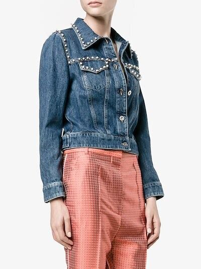 Miu Miu Pearl Embellished Denim Jacket Browns