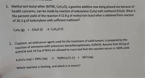 Solved 1. Methyl tert-butyl ether (MTBE, C5H12O ), a | Chegg.com